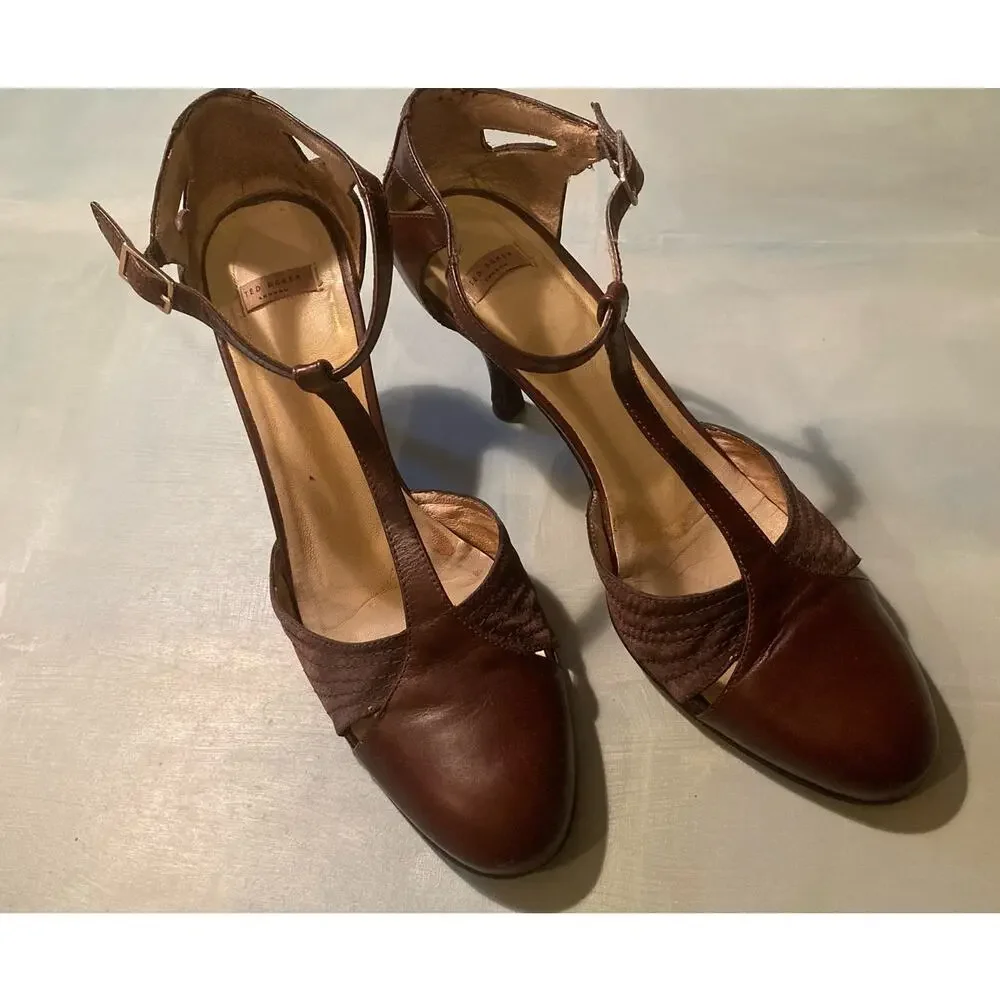 Ted Baker T-Strap Heels Vintage 00s 1940's Vibe ~ Leather & Satin! Sz 40 - Picture 2 of 10